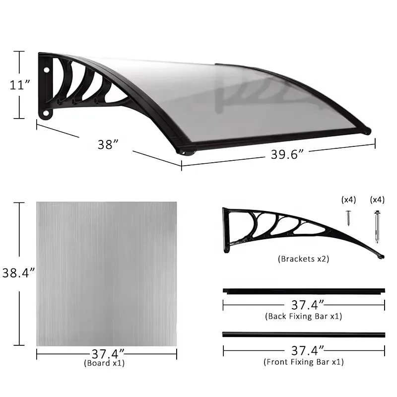 Aluminum Polycarbonate Door Awning Window Canopy Roof Shelter Outdoor Home DIY Ceiling Protection Rain Sun Shade Cover DIY