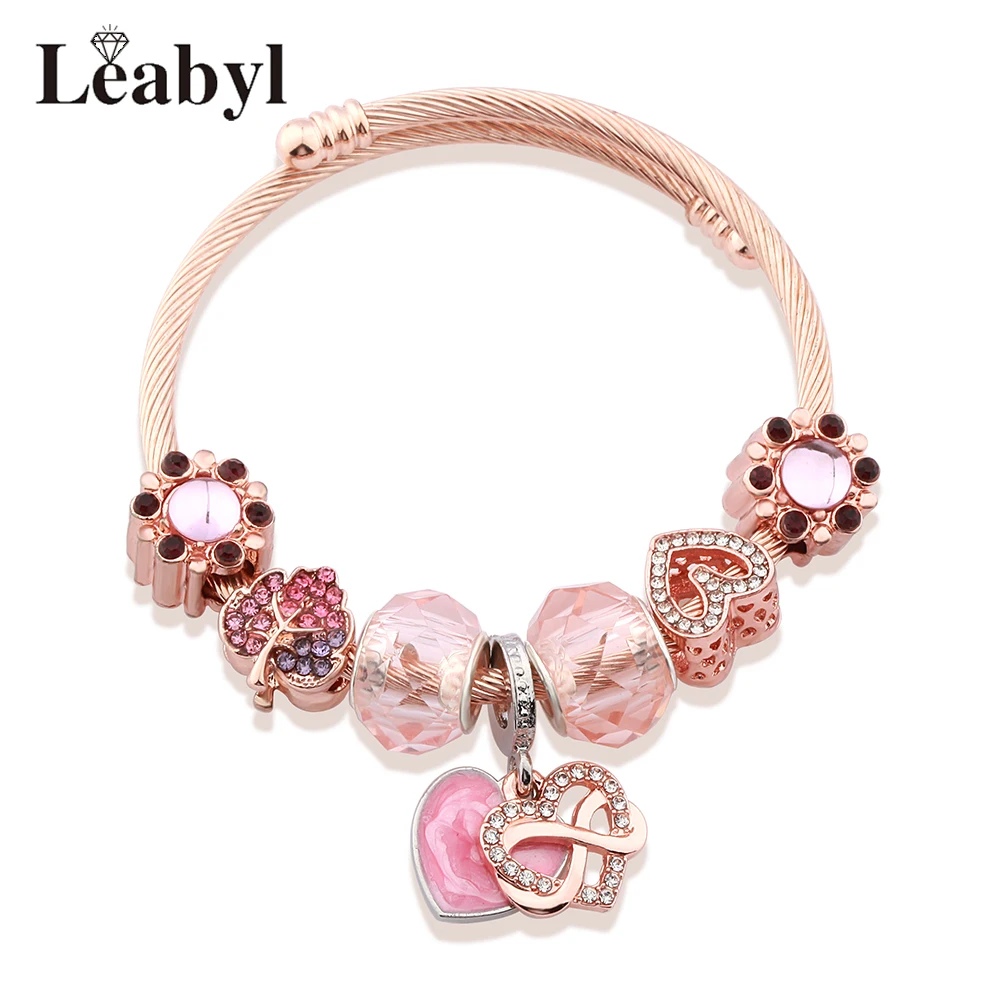 Romantic Pink Heart Stainless Steel Charm Bracelet Rose Gold Color Leaf Flower Bead BangleS Resizable Jewelry