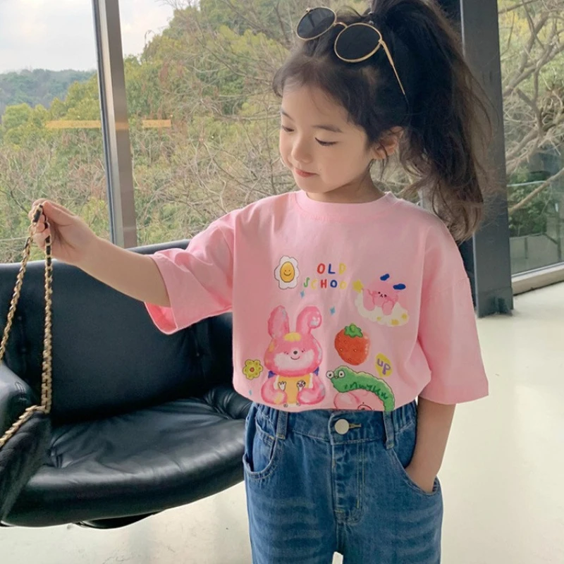 Girls Summer T-Shirt Short Sleeve Cute Cartoon Print Casual Trendy Top Soft Breathable Comfy Fit Baby Toddler Kids Everyday Wear