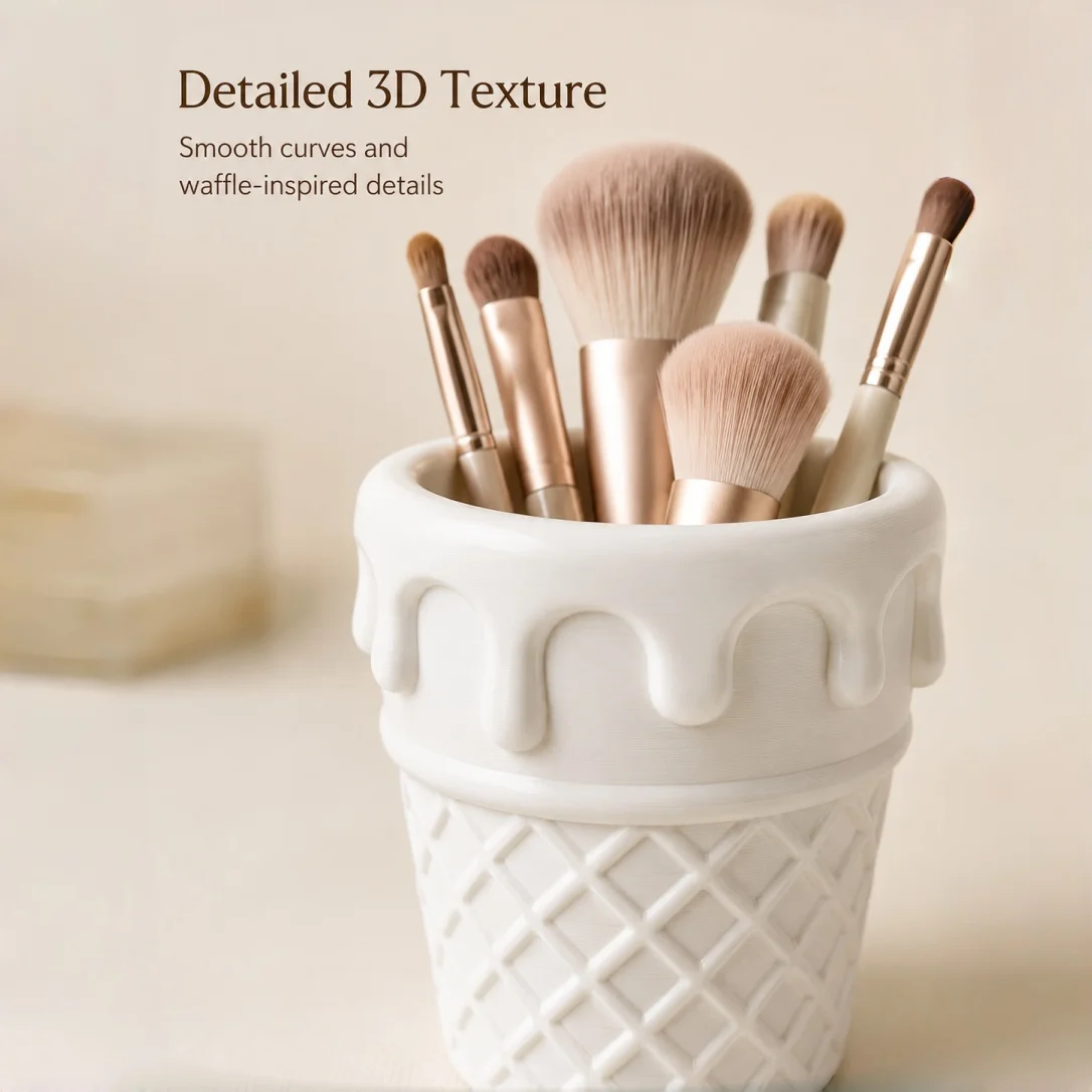 Girly Style Ice Cream Cone Makeup Brush Holder, Waffle Texture Pen Holder, Cute Desktop Organizer, Gift for a Girly Room Decor