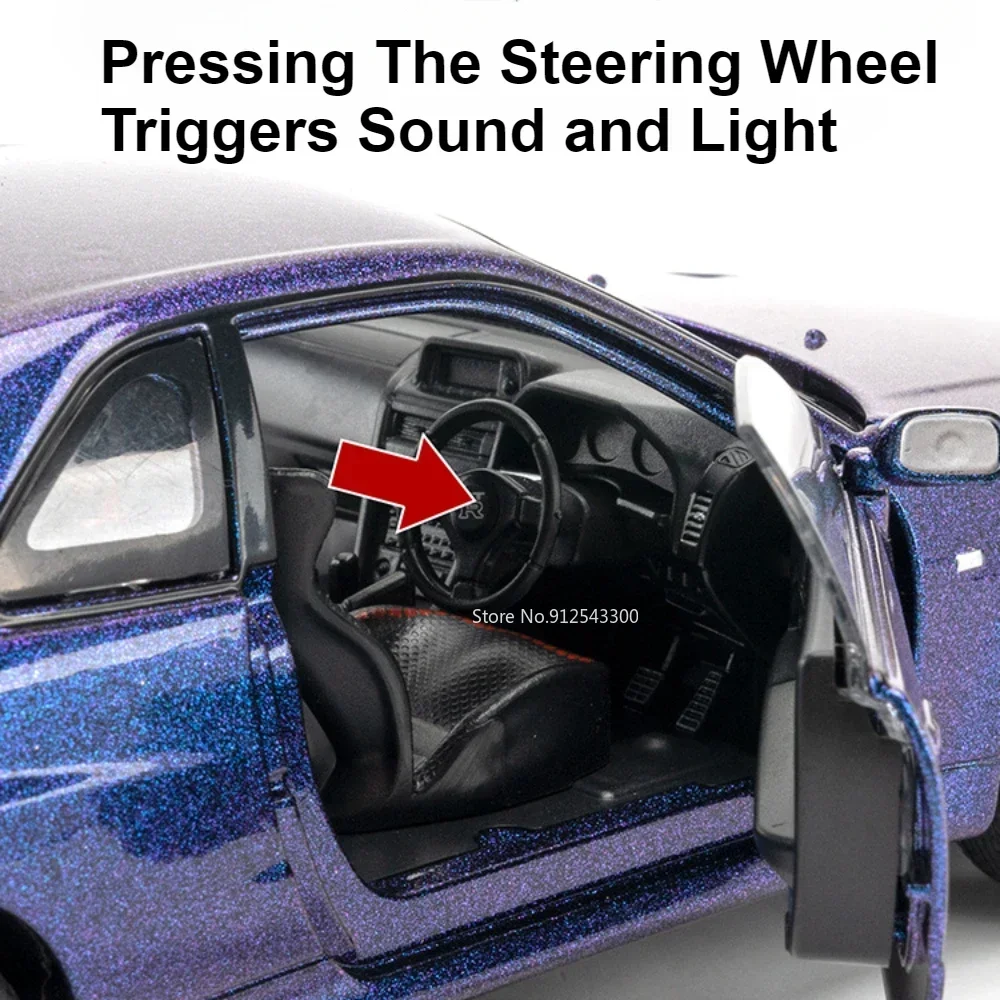 1:24 GTR-R34 스포츠카 모델 장난감 음악 조명 풀백 다이캐스트 메탈 충격 흡수 슈퍼카 모델 홈 데코 장식