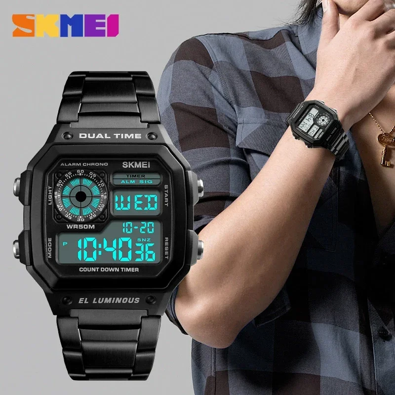 SKMEI-reloj Digital con correa de acero inoxidable para hombre, deportivo, resistente al agua, 5Bar, 1335, 1299, 1998