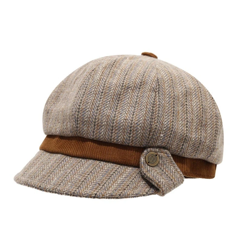 Korean-style Textured Octagonal Cap Artistic Metal Buckle Newsboy Hat Autumn & Winter Painter Hat Soft Brim Berets