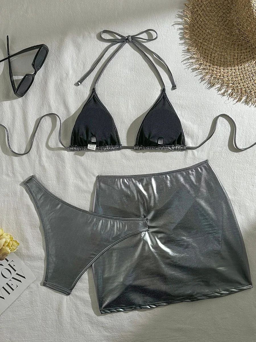 PU Leather Halter with Skirt Bikini Women Swimwear Female Swimsuit Three-pieces Bikini Set Bather Bathing Suit Swim Beachwear
