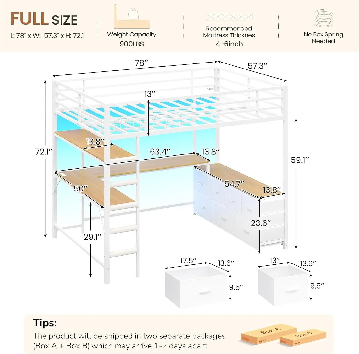 Full Loft Bed U Shaped Desk 7 Storage Drawers Charging Station Led Lights 2 Tier Storage Shelves Safety Guardrail Ladders White
