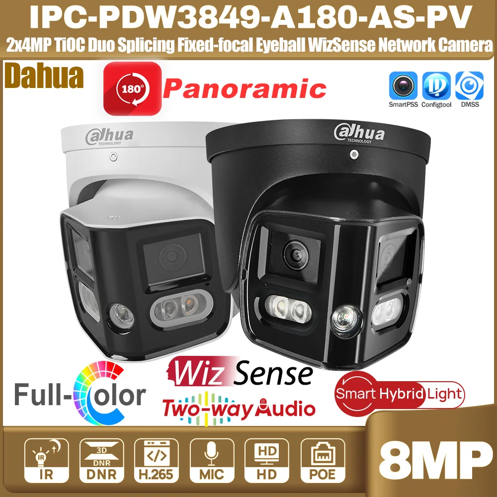 Dahua IPC-PDW3849-A180-AS-PV 2x4MP 180 °   TiOC Duo Splicing Globo ocular focal fixo WizSense Câmera de rede Som e luz Áudio bidirecional