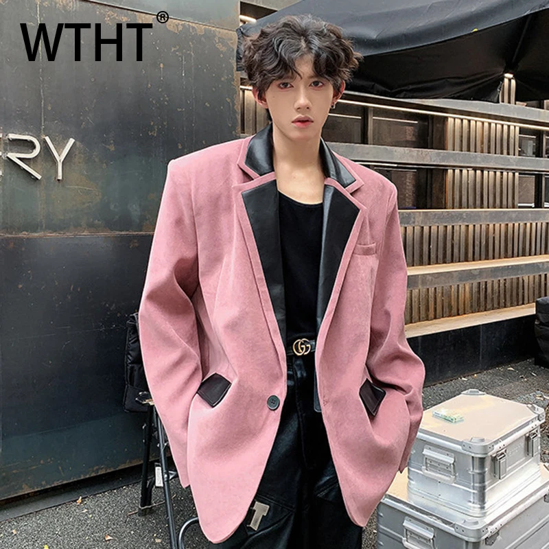 WTHT Fashion Men's Spliced Leather Shoulder Pad Blazer Coats Trendy Contrast Color Lapel Loose Jackets Male 2026 Summer 2A2871