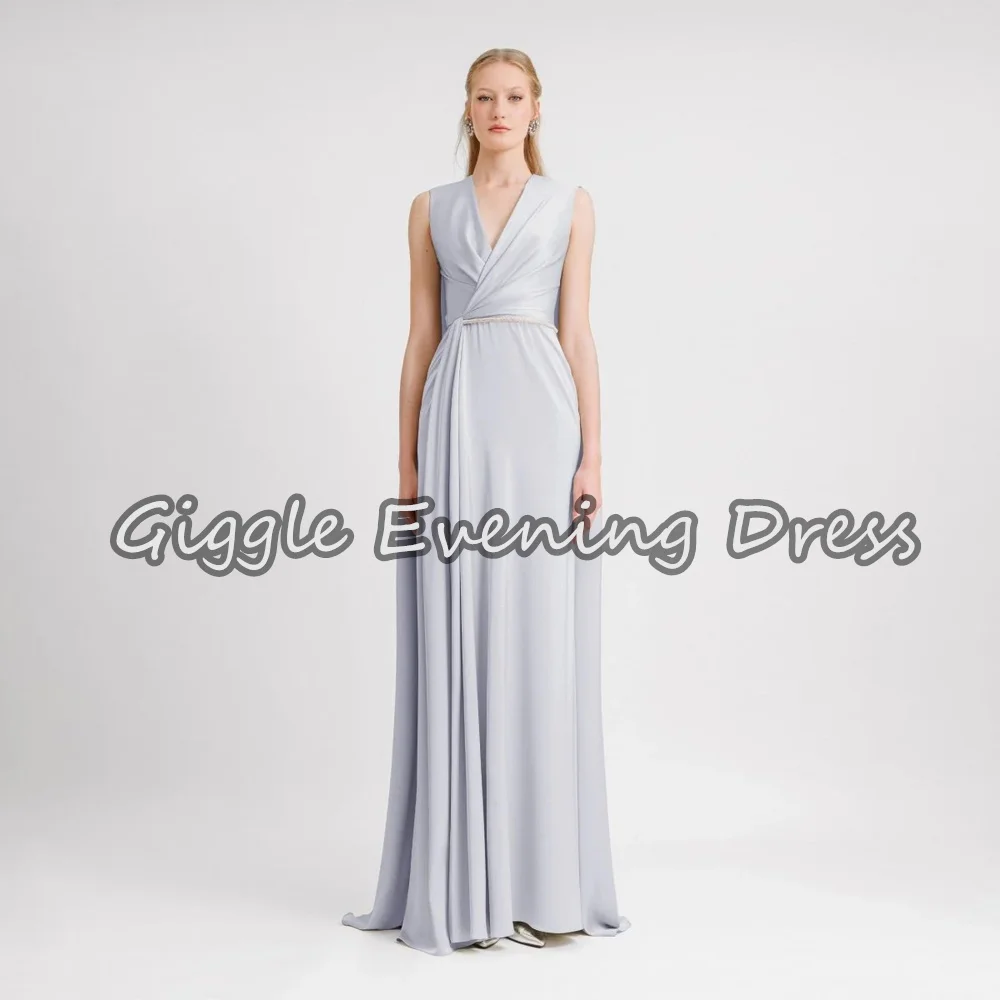 

Giggle SatinA-line V-neck Draped Beading Floor Length Simple Saudi Arab Evening Party Dresses For Women 2025 With Sleeveless