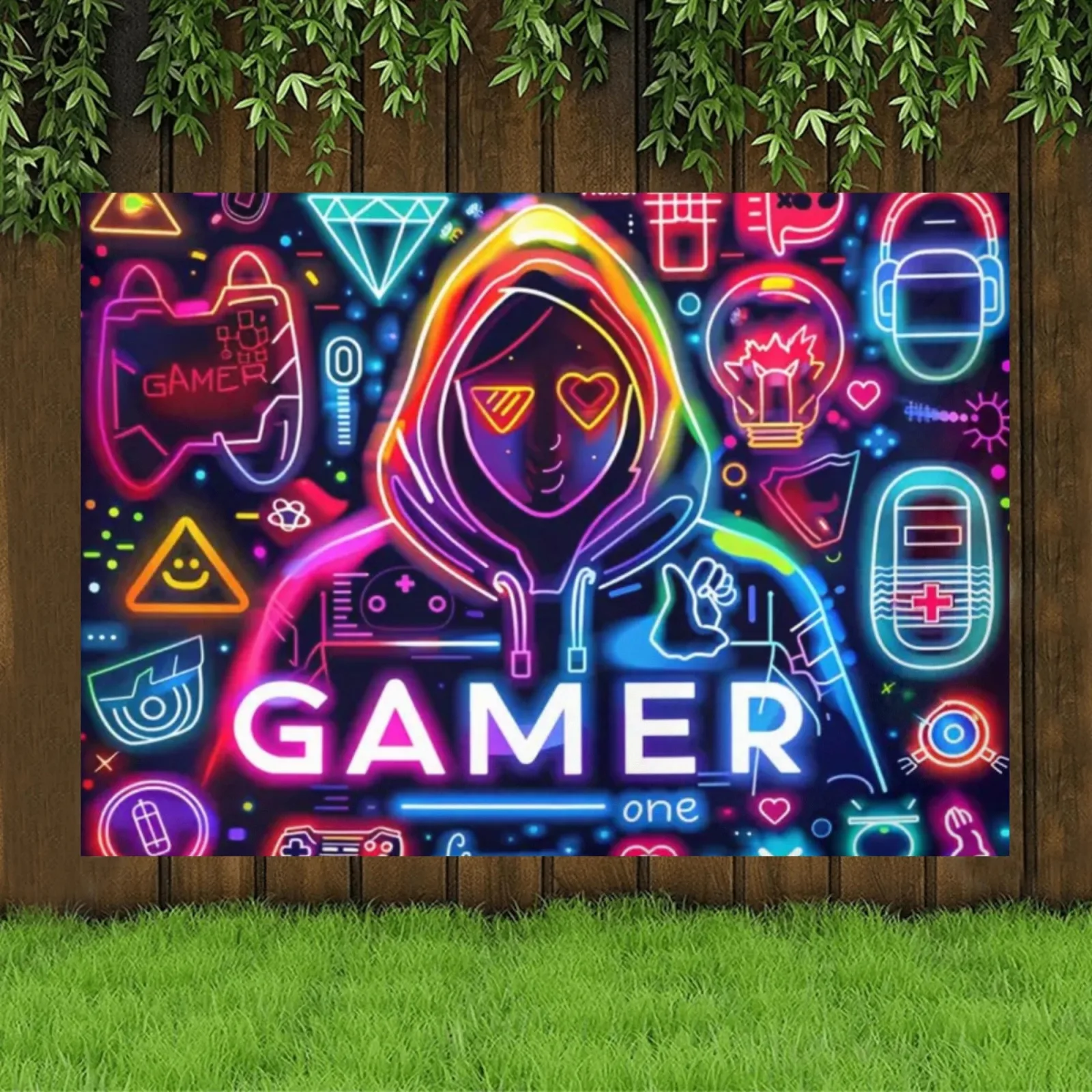 1-teiliges, lebendiges Polyester-Banner mit Gaming-Motiv – Neonschild und Spieleikone, perfekt für Geburtstagsfeiern, Festivals
