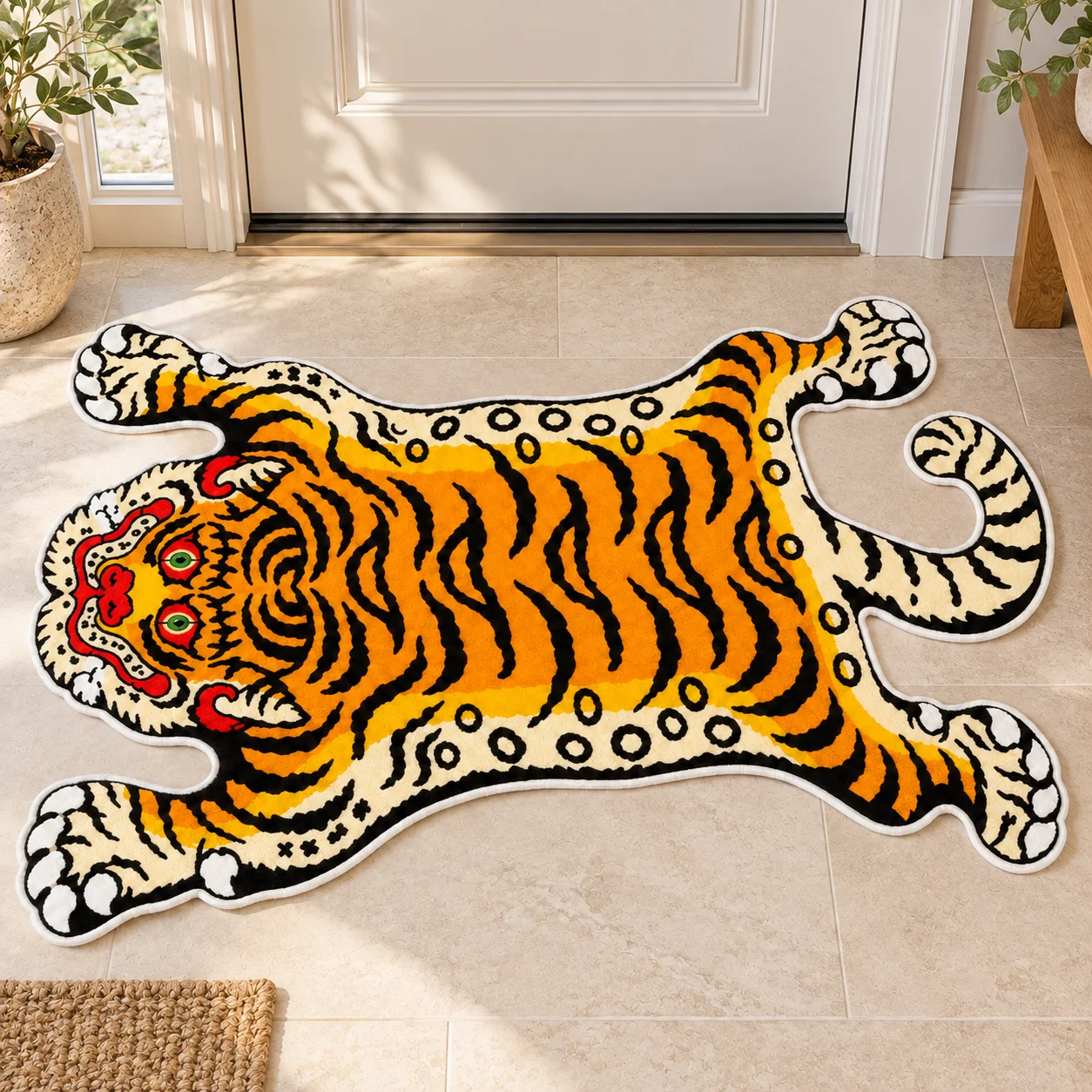 Vintage Folk Art Tiger Shaped Area Rug, Irregular Animal Floor Mat for Living Room, Bedroom, Reading Nook and Bold Home Decor