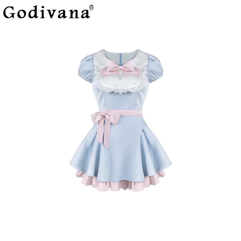 女性用ブルーのリボン付きワンピース、ハイウエストロリータスイートドレス、夏の女の子向け和風キュートなドレス、ホワイトバブルショーツセット