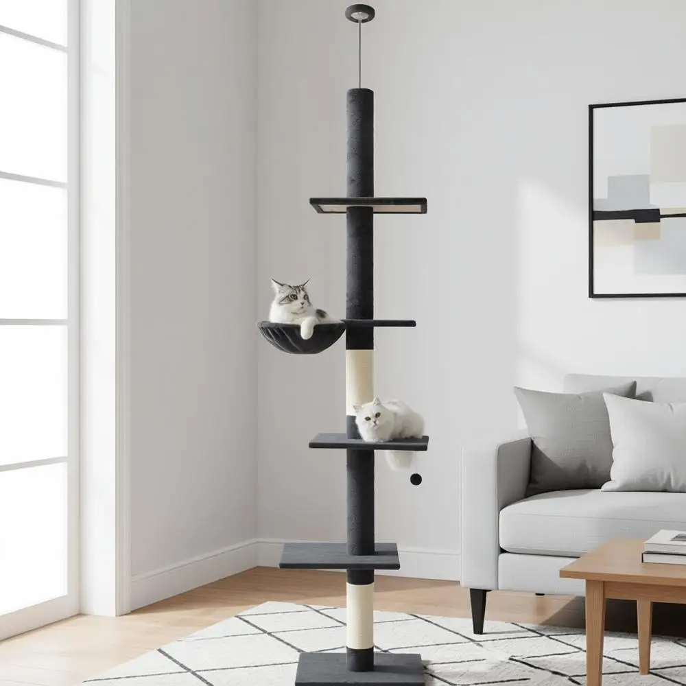 

5-Tier Tall Cat Tower with Adjustable Height (98-110), Skinny Ceiling with Cozy Hammock, Sisal Scratching Posts, Platforms, and