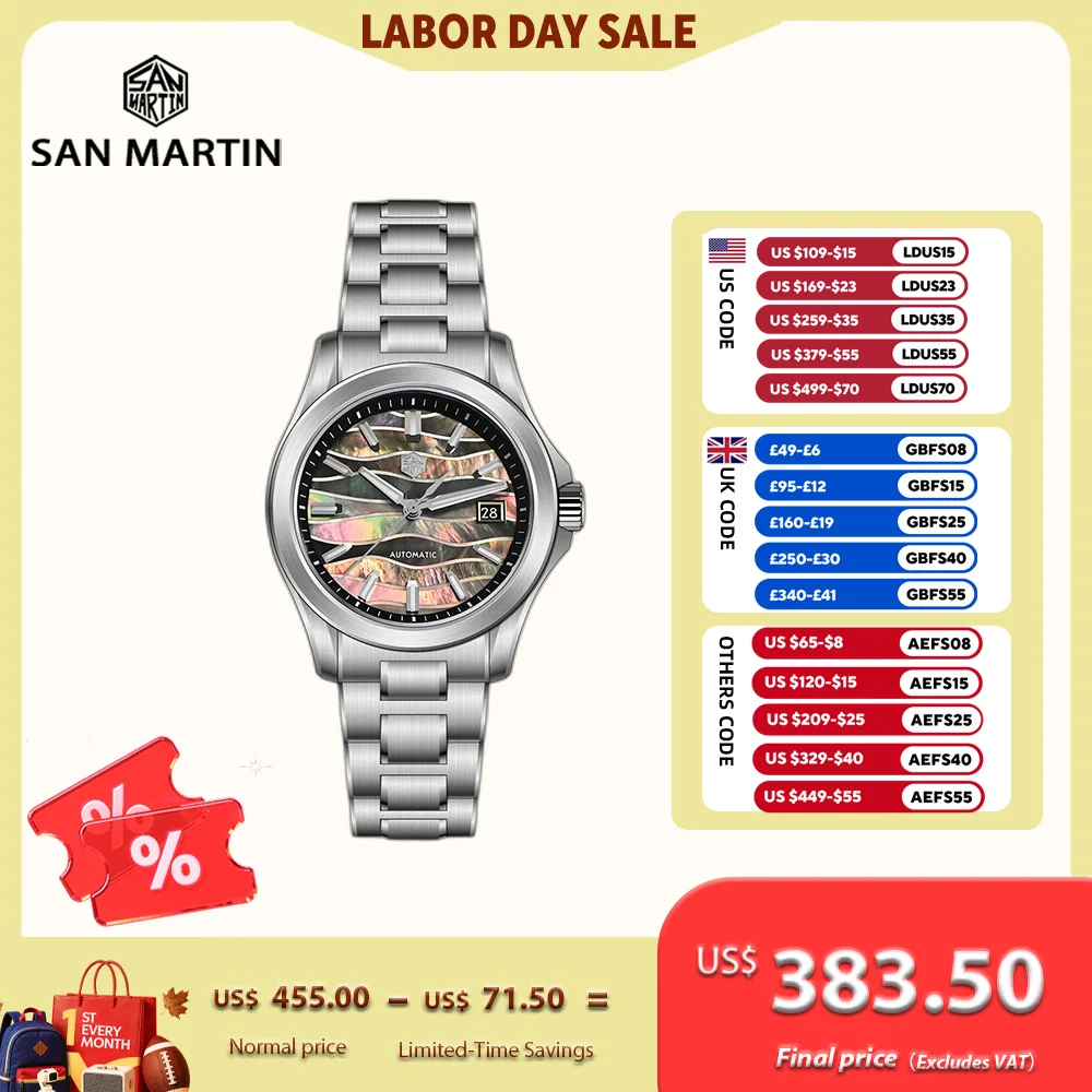 San Martin 39mm Miyota 9015 Splicing MOP Dial Luxury Dress Automatic Reloj 3H Date BGW-X1 Lume OTF Clasp Waterproof 100M SN0150