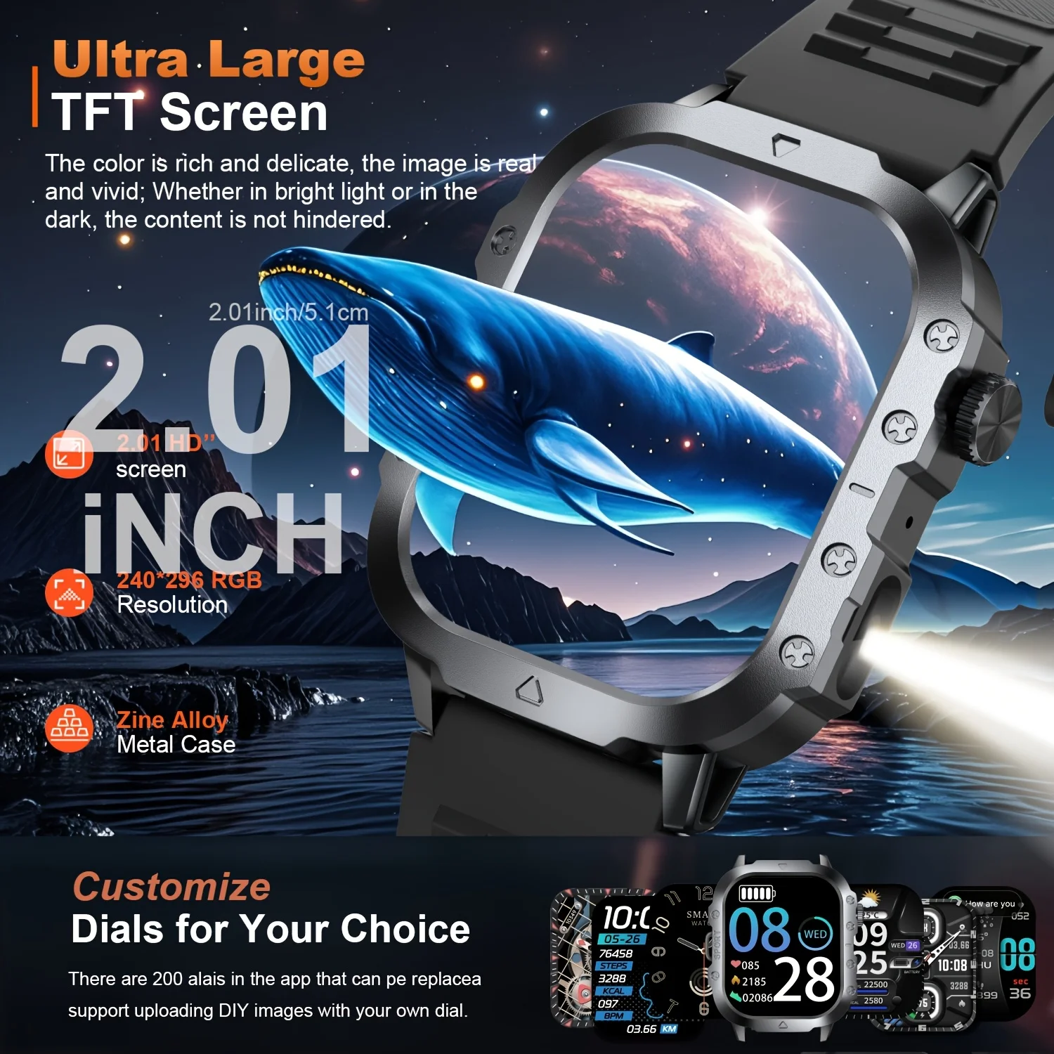 2026 New Rugged Military Smart Watch Men's Watch 2.01Inch HD Touch Screen Voice Bluetooth Call LED Flashlight Outdoor Smartwatch