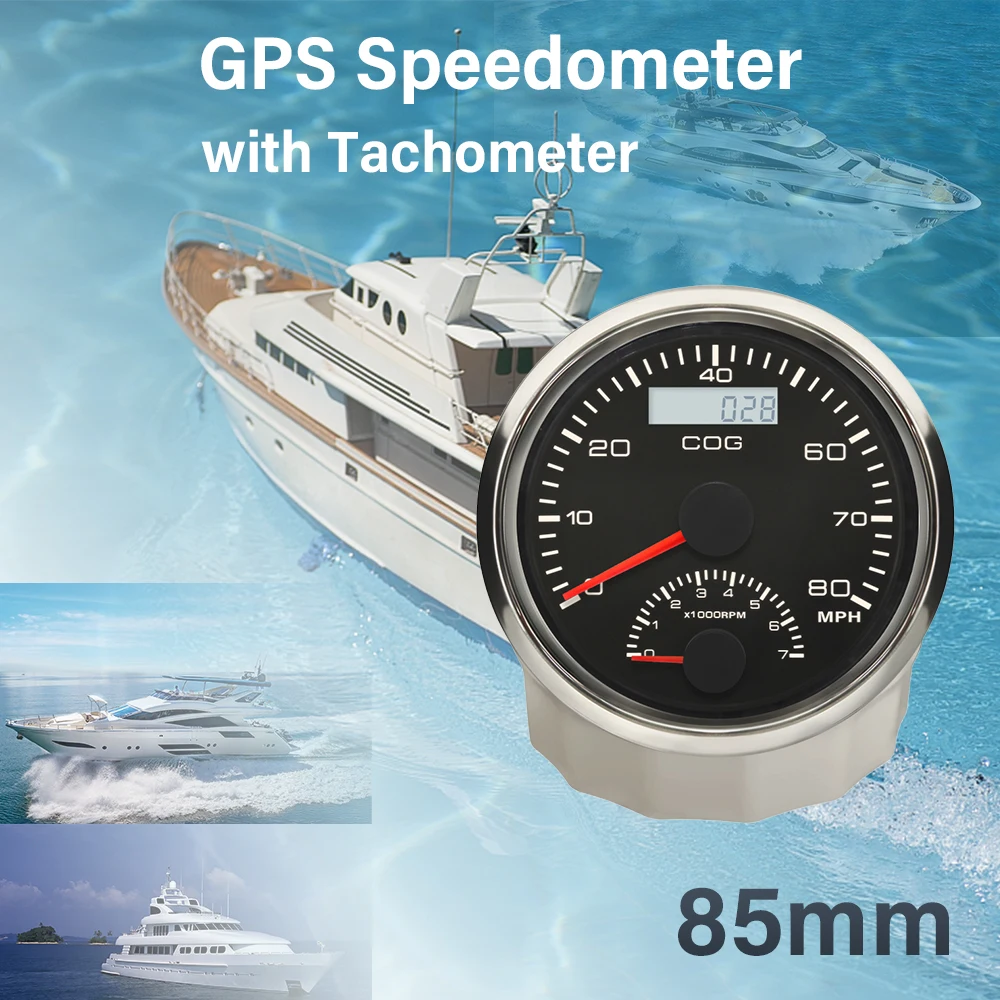 

ELING 85MM GPS Speedometer 80MPH with 0-7000RPM Tachometer COG with Amber Backlight for Vessels Boats Ships