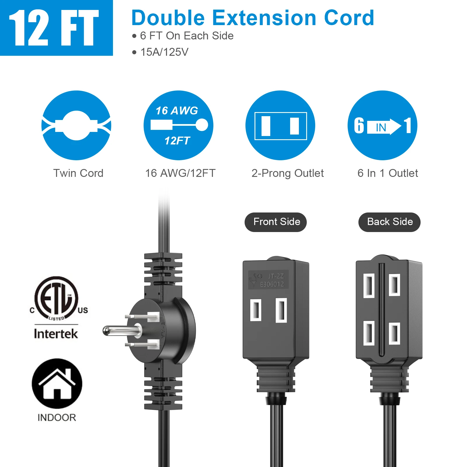 12-foot 16AWG dual-head extension socket, 6-socket with safety cover, flat plug, home and office multi-functional expander