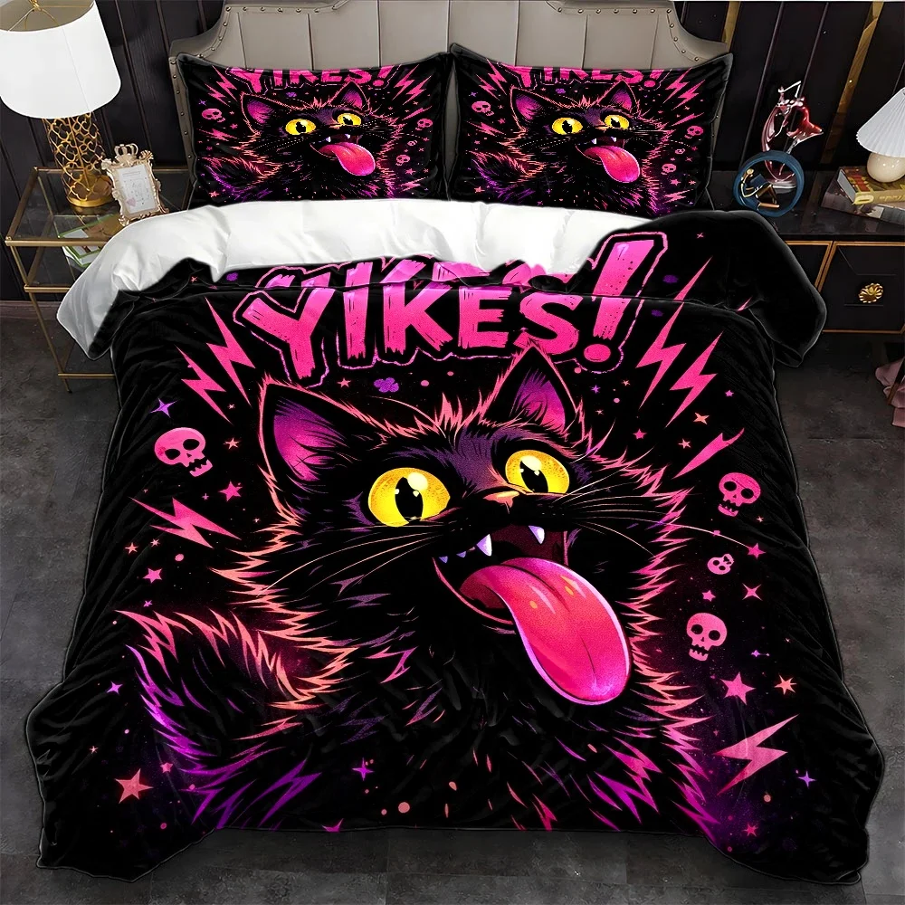 3Pc Yikes! Quirky Black Cat Print Duvet Cover Set, Three-Piece Bedding Set (1*Duvet Cover + 2*Pillowcases), Suitable for All Seasons, Machine Washable, Hidden Zipper Design, Suitable for Home, Dorm, Master Bedroom, Guest Room, Large Double Bed Cover Set, Trendy Dark Style Cartoon Bedding, Personalized Skull and Lightning Element Bedding Set, Soft and Comfortable Duvet Cover Set, Ins-Style Fun Cat Bedding Set 2
