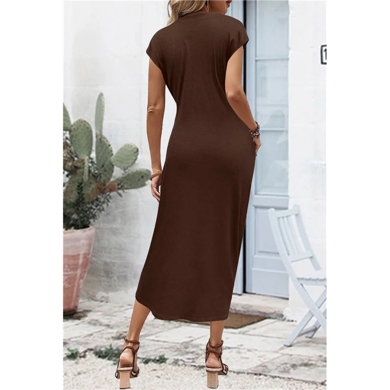 A83F-فستان نسائي صيفي برقبة دائرية كاجوال أنيق وربطة خصر وأكمام قصيرة