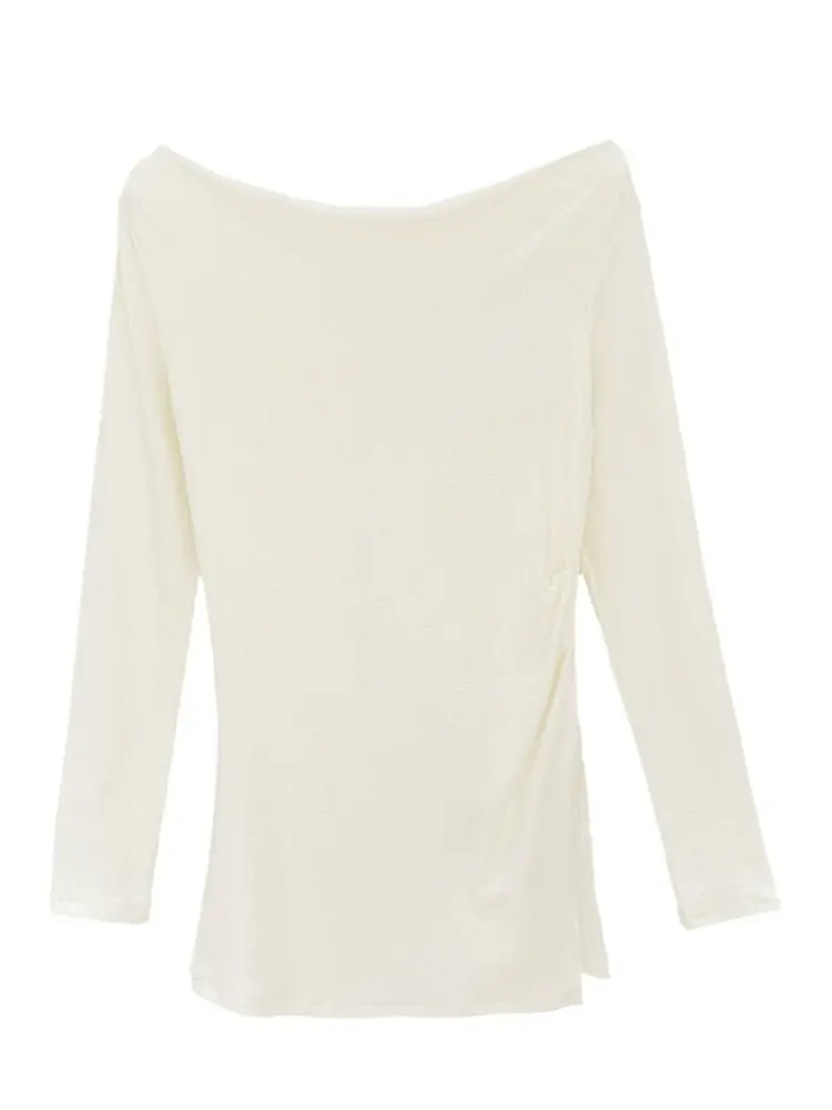Schickes koreanisches SLE Long Sve One Oulder T-Shirt Damen Faionable Plissee Split Einzigartiges schönes Top für Herbst Winter