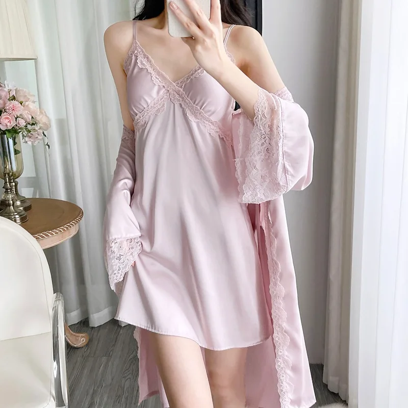 Sexy Fashion Lace Splicing Robe Outfits Elegant Women V-Neck Spaghetti Strap Nightdress Robe 2Pcs Set Summer Home Clothes