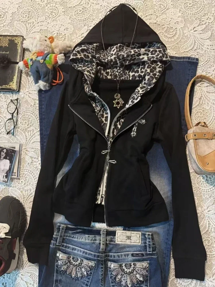 Otoño Y2K subcultura estampado de leopardo Sudadera con capucha mujer Vintage Patchwork falso sudadera de dos piezas moda chaqueta con cremallera Tops nuevo