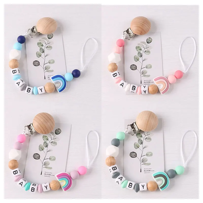 Hot Selling Rainbow Silicone Personalized Pacifier Clip Customized Baby Name Pacifier Chain Food Grade Silicone Teether Toy