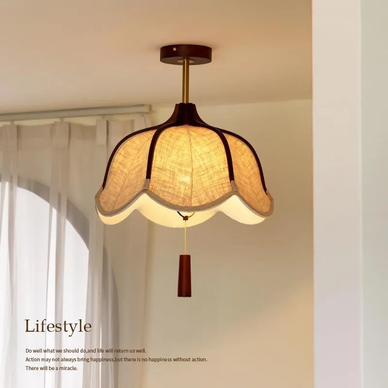 Vintage oak pendant light with linen petal lampshade  ceiling light adjustable for dining room bedroom home decoration lighting