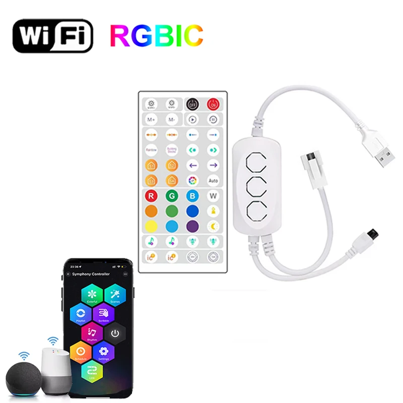 

Умный контроллер Wi-Fi 5 В 3-контактный светодиодный контроллер Usb Smart Remote Rgbic Контроллер светодиодных фонарей Синхронизация музыки для светодиодных лент Ws2811 WS2812