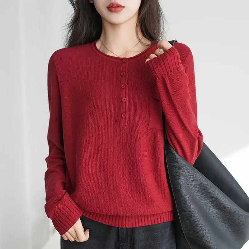 Chemise de Base tricotée à col semi-ouvert et boutons en fil de coton pur pour femmes, haut Design de pull ample et à la mode