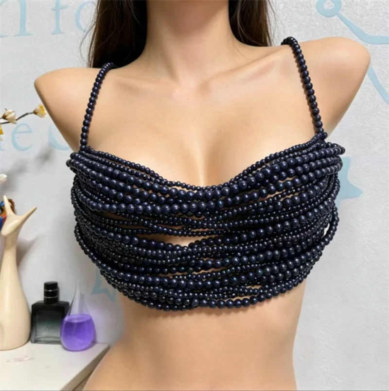 Damen Perlen-Körperkette BH Sexy Mehrlagiges Perlen-Y2K-Crop-Top Spaghetti-Träger Strand-Bikini-Überzug футболка+женская 2026 – Detail 7
