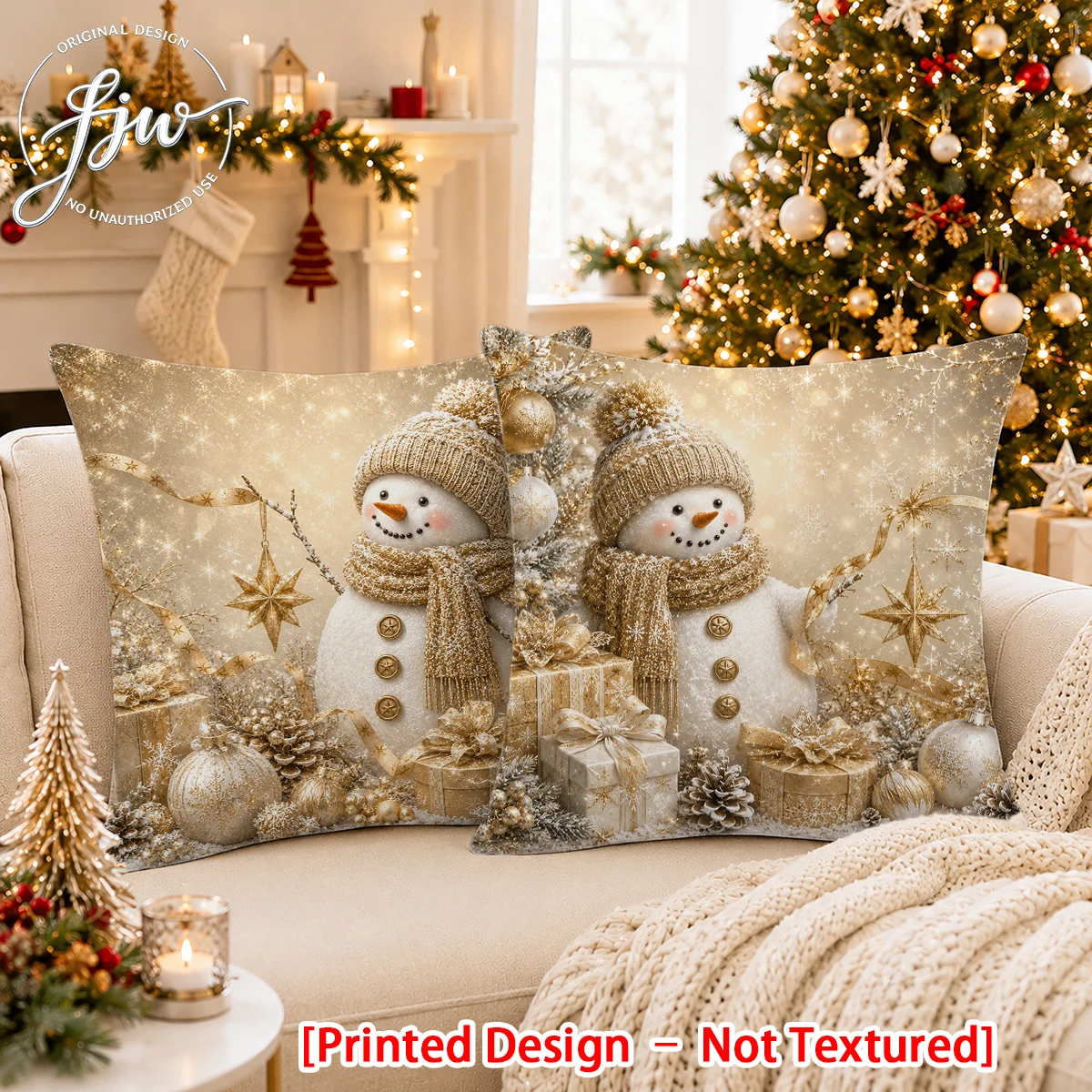 2D FLAT-2PCS Golden Snowman Christmas Throw Pillow Covers Suitable for holiday gifts for living room sofa bedroom