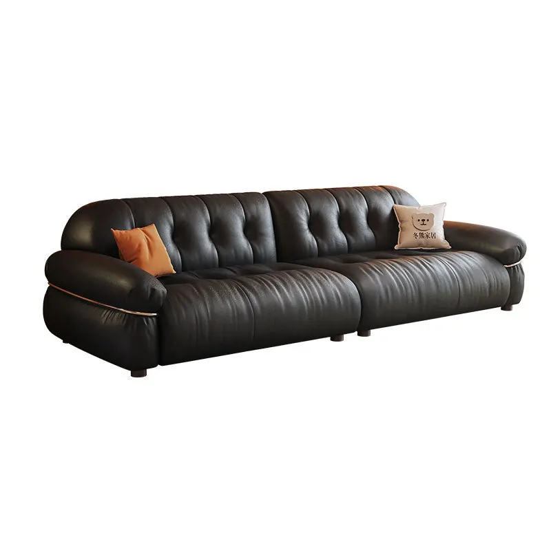 

French retro style living room small apartment Bauhaus style black sofa leather sofa