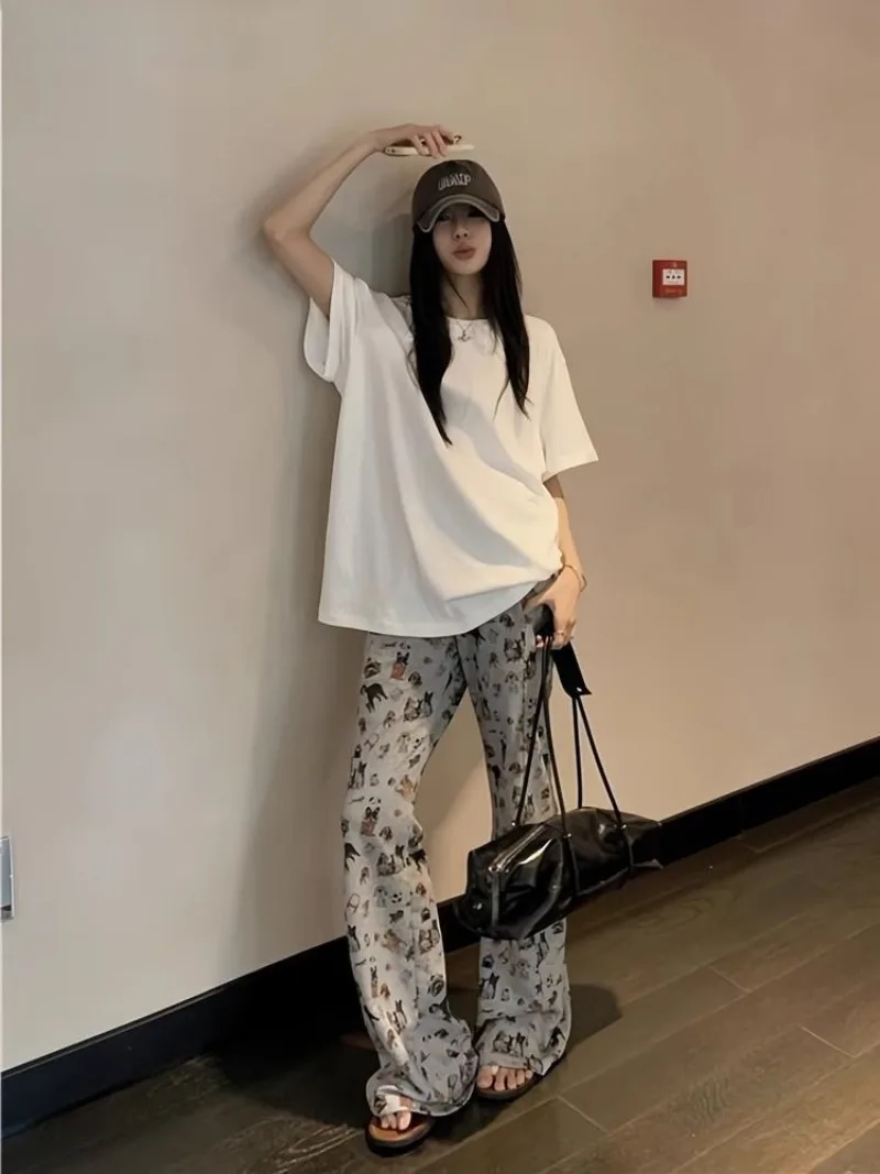   패션 여름 스포츠 티셔츠 여성의 느슨한 반팔 트럼펫 바지 캐주얼 투피스 세트 여성 의류