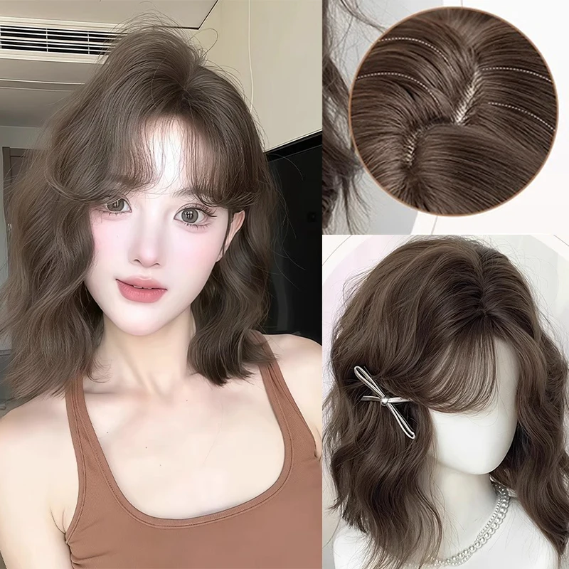 

Synthetic Natural Black Wigs Short Brown Highlight Wave Wig for Women Girls Side Parting Bangs Daily Use Costume Party