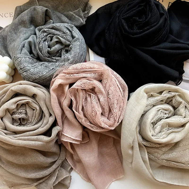 French Winter Women Scarf Shawl Cotton Lace Vintage Keep Warm Neck Cover Fashion Solid Color Wrap Elegant Lady Christmas Gift