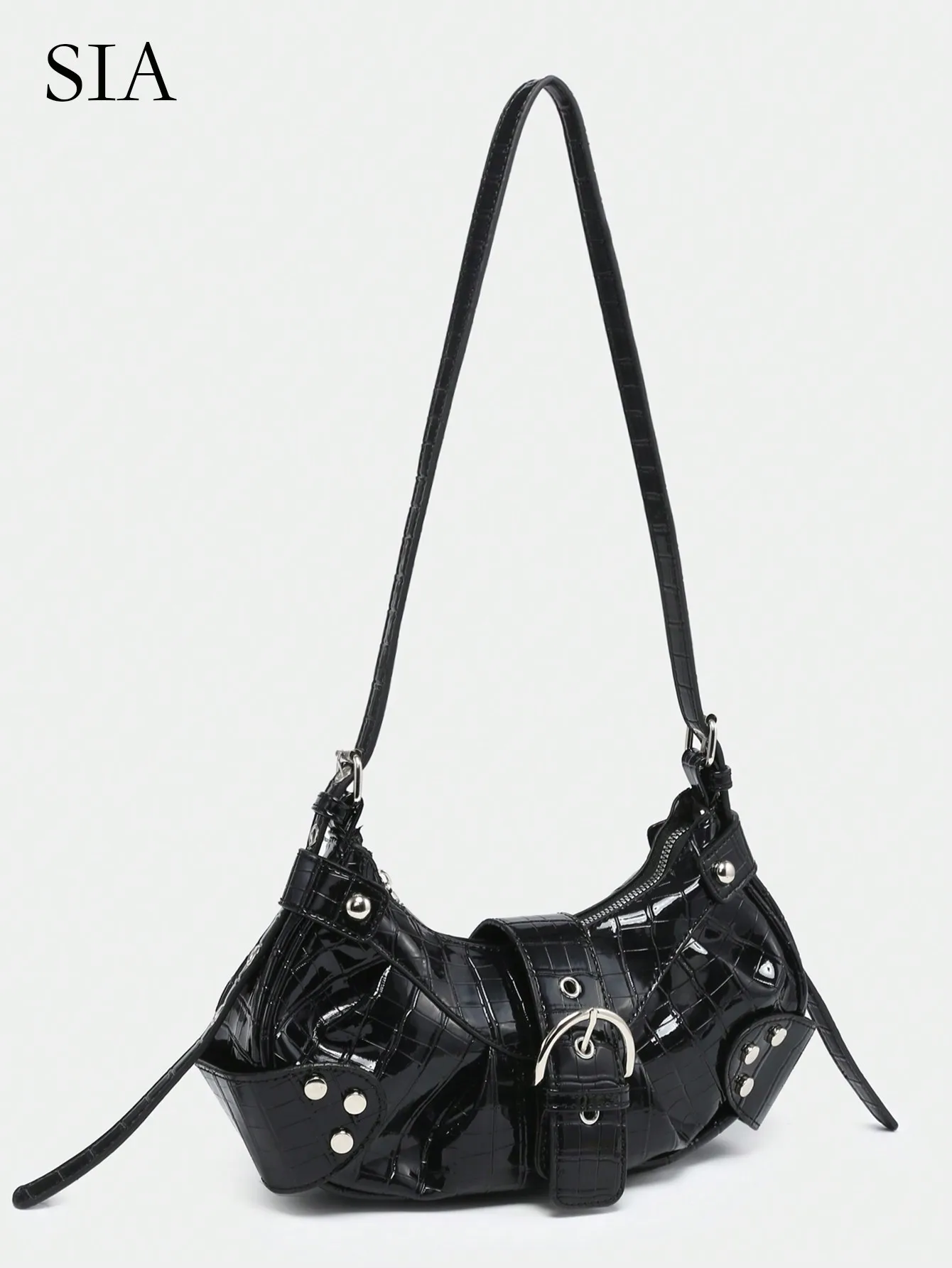 

Глянцевая сумка-кроссбоди из веганской кожи с тиснением под крокодила, с пряжкой и заклепками