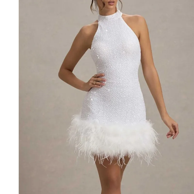 Sexy Kleid Vestidos Prom Kleider 2025, Frau Vestido Femininos Plüsch Saum Schlank Ärmellose Pailletten Bankett Party Elegante Temperament