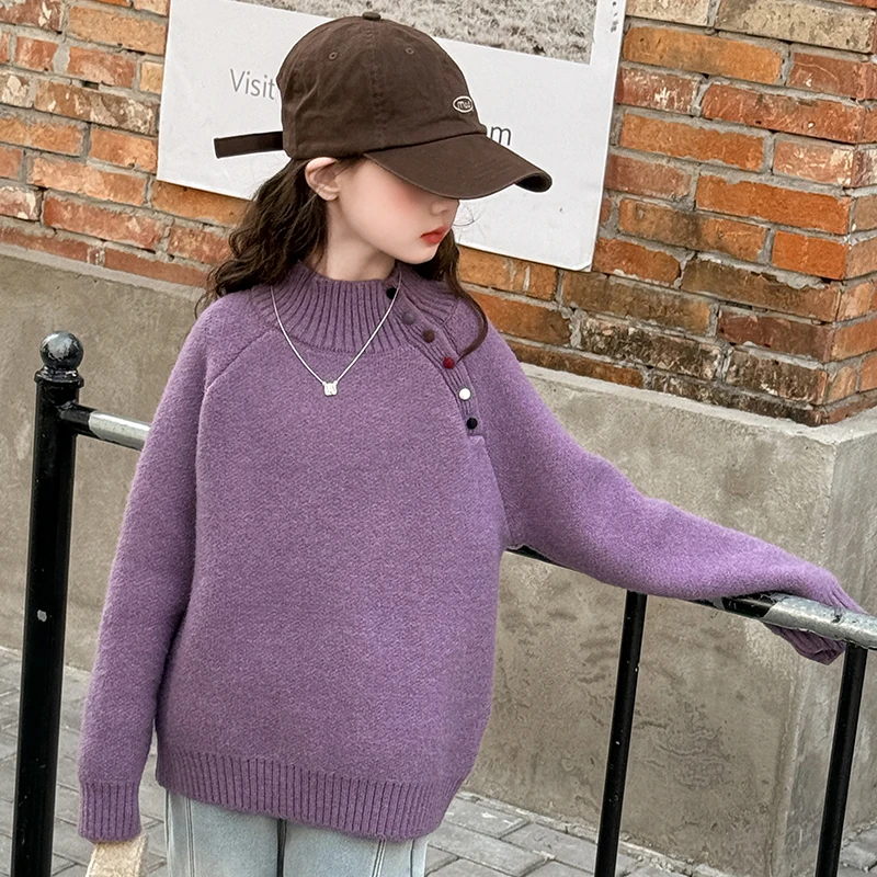 الأطفال سترة 2025 ربيع الخريف جديد الفتيات الكورية بلون كل مباراة موضة محبوك الجولة الرقبة سترة الفتيات الملابس