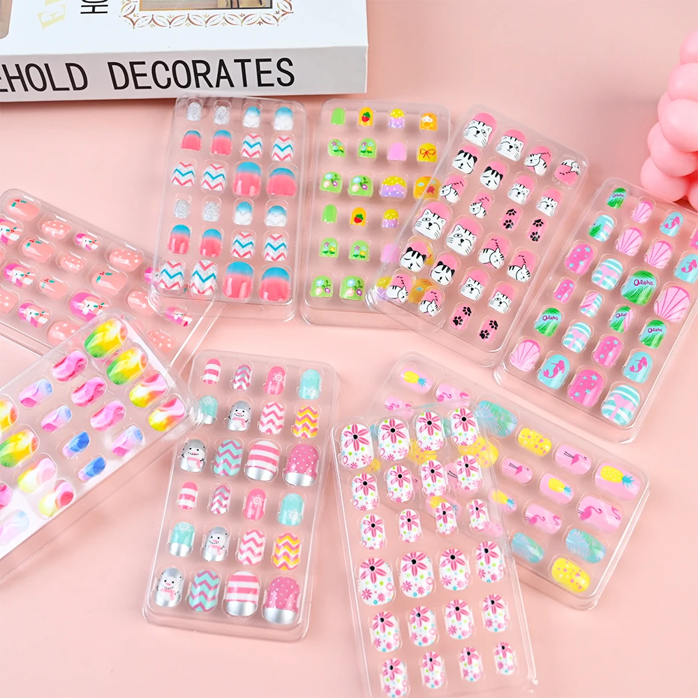 24Pcs/Set Kids Rabbit Flower Cute Fake Nails Detachable Full Cover False Nail Press On Nails Children Girls Nail Decoration Gift