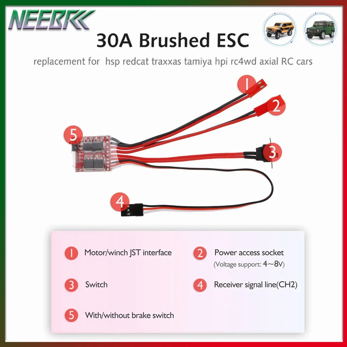 1/2/4PCS NEEBRC 30A Brushed ESC Dual Way Brake Speed Controller 4-8V for 1/16 1/18 1/24 RC Car Boat 370 380 390 Motor Traxxas