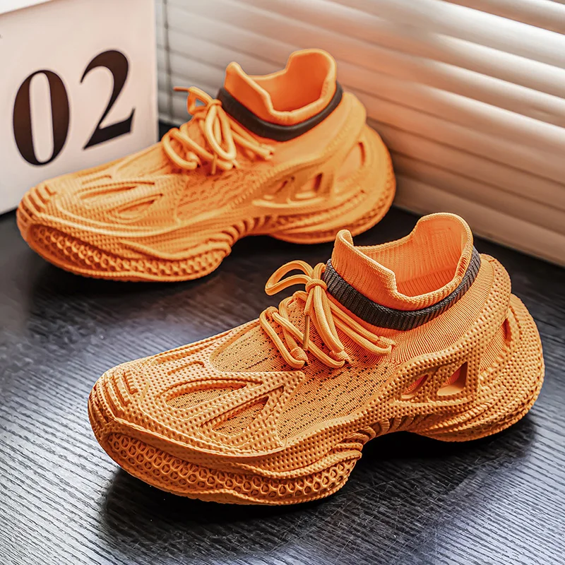 

Summer Brand Men's Casual Sneakers Breathable Knit Orange Trainers Man Running Shoes Comfortable Platform Socks Shoes for Men
