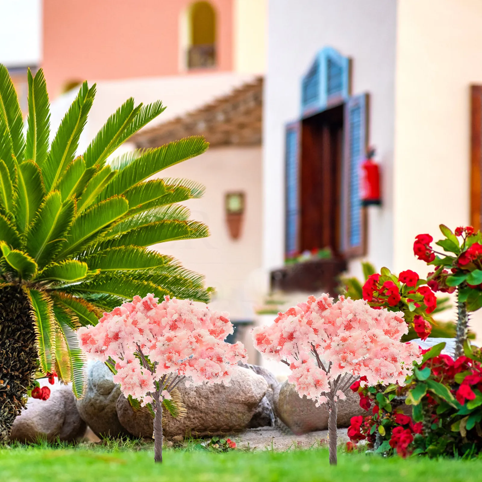 

12Pcs Mini Cherry Blossom Trees Pink Flowers Simulated Landscape Scenery Ornament for Table Balcony Window Desktop Flower