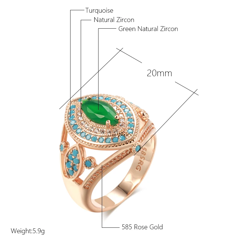 Kinel Hot 585 Rose Gold Color Rhombus Big Ring for Women Fashion Green With Blue Natural Zircon Wedding Daily Vintage Jewelry