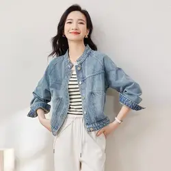 Retro Washed Denim Short Jacket for Women, Long-Sleeved Top, Stand-up Collar, Small, Autumn and Winter Clothes, New