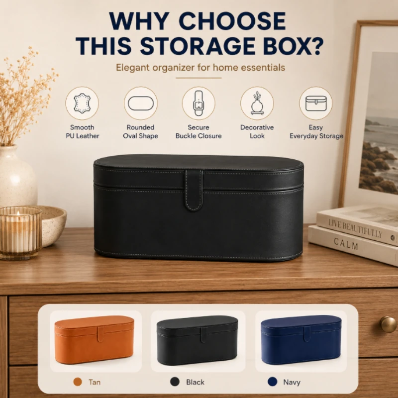 Elegant Faux Leather Oval Storage Box, Fine Stitching Desktop Holder, Multi‑Purpose Storage Case for Home Decor