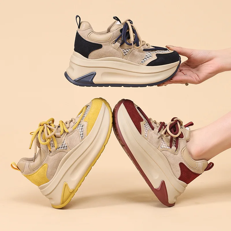 

Women's 7.5CM Height Increasing Sneakers Retro Mesh Breathable Chunky Sneakers New Casual Shoes Non-slip Soft Sole Running Shoes