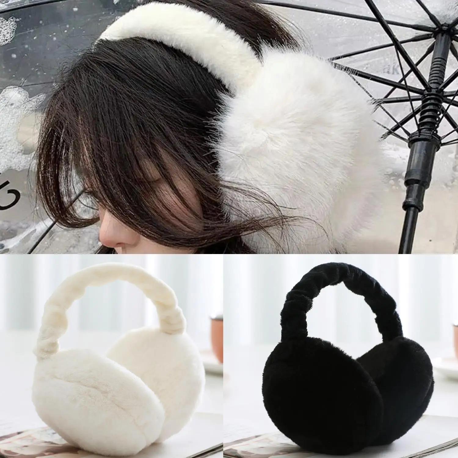 

Autumn Winter Cold Protection Earmuffs Women Men Fashion Ear Warmer Black White Plush Foldable Ear Muffs Adjustable Earflap