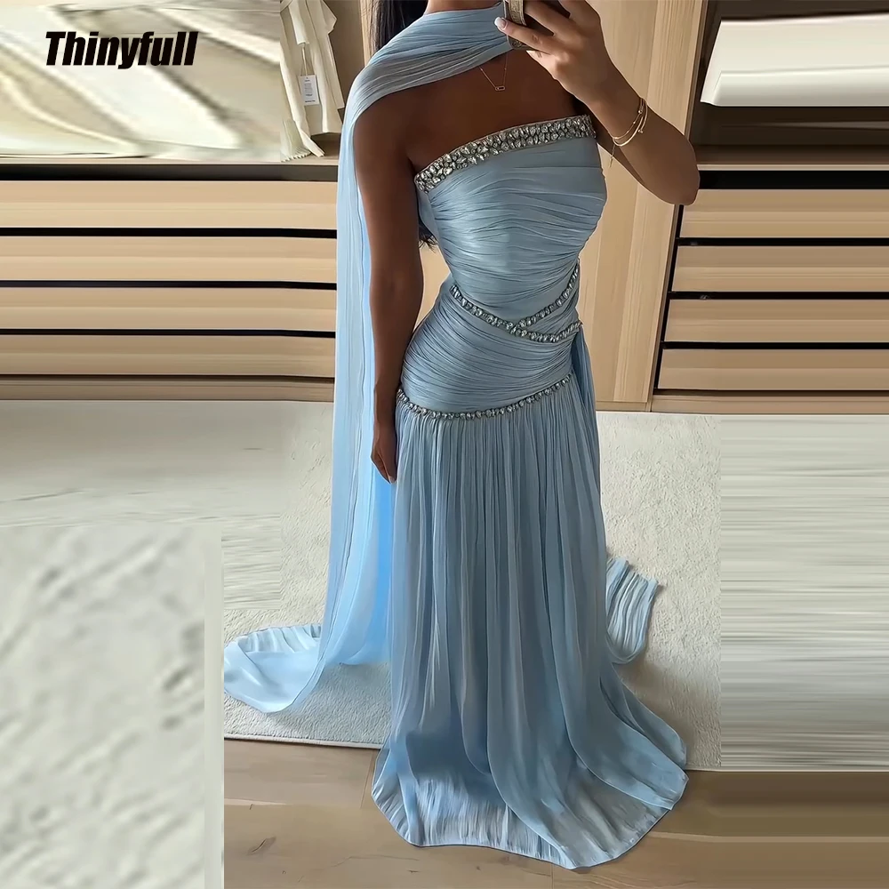 Thinyfull Mermaid Sleeveless Prom Dresses Strapless Crystals Shiny Satin Evening Dress Party Gown Robe De Soirée Customized