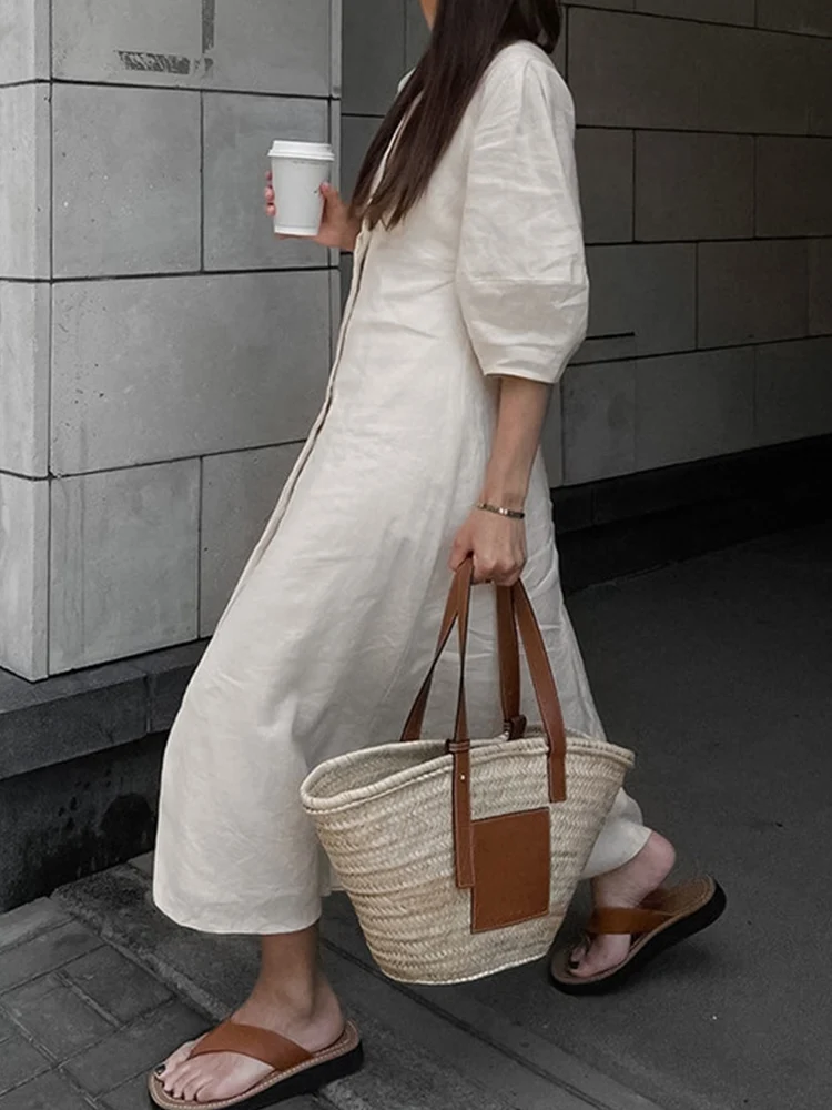 Cotton and Linen Shirt Dress Women Summer Sexy Backless Loose Long Dress Female Casual Bubble Sleeve Single Breasted Midi Dress