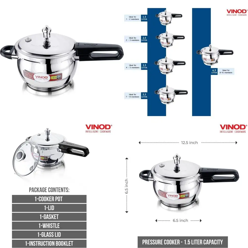 

Stainless Steel Indian Pressure Cooker with Glass Lid, 1.5 Liter Capacity, Handi Pot, Stove Top Compatible, Sandwich Bottom Desi